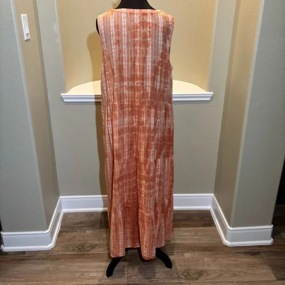 🧡 J.Jill Ibiza Tiered Orange Tie Dye Maxi Sleeveless Sun Dress XL - Picture 7 of 9